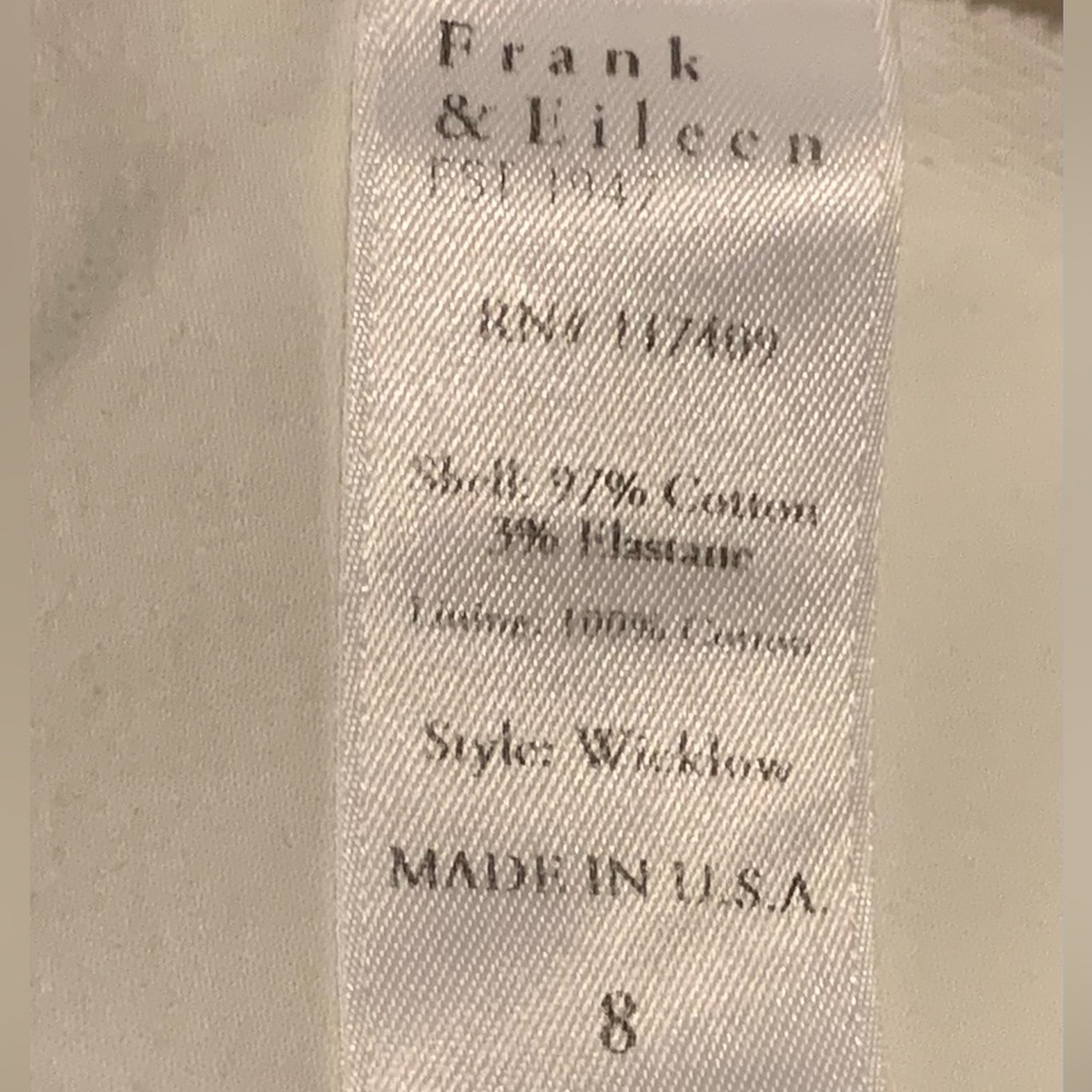 Frank & Eileen Wicklow The Italian Chino Performance Twill in White Pants Size 8 - Picture 8 of 15